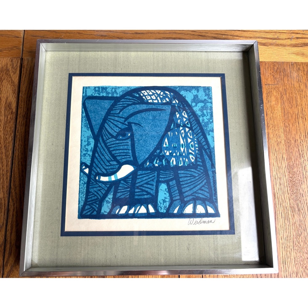 Vtg David Weidman Elephant Print Framed Mid Century Modern Wall Art Signed 1970